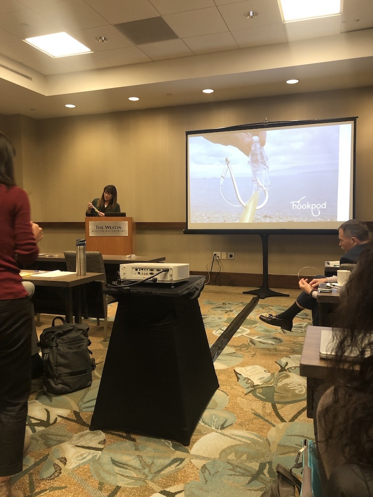 Becky Ingham presenting the Hookpod to tuna retailers in Boston, 2019.