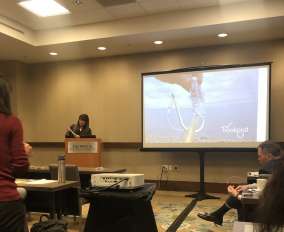 Becky Ingham presenting the Hookpod to tuna retailers in Boston, 2019.